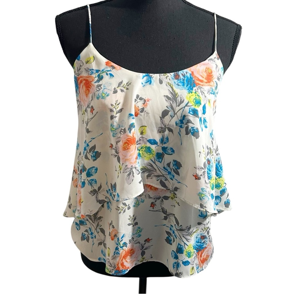 Paper Crane Small White Colorful Floral Print Layered Spaghetti Strap Cami Top